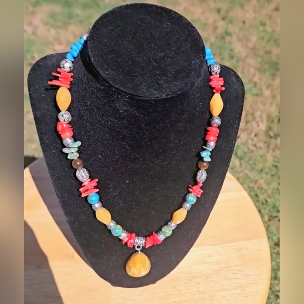 925 Sterling ArtisanTurquoise Coral, dyed Stone with Tigers Eye Pendant Necklace - Picture 1 of 9